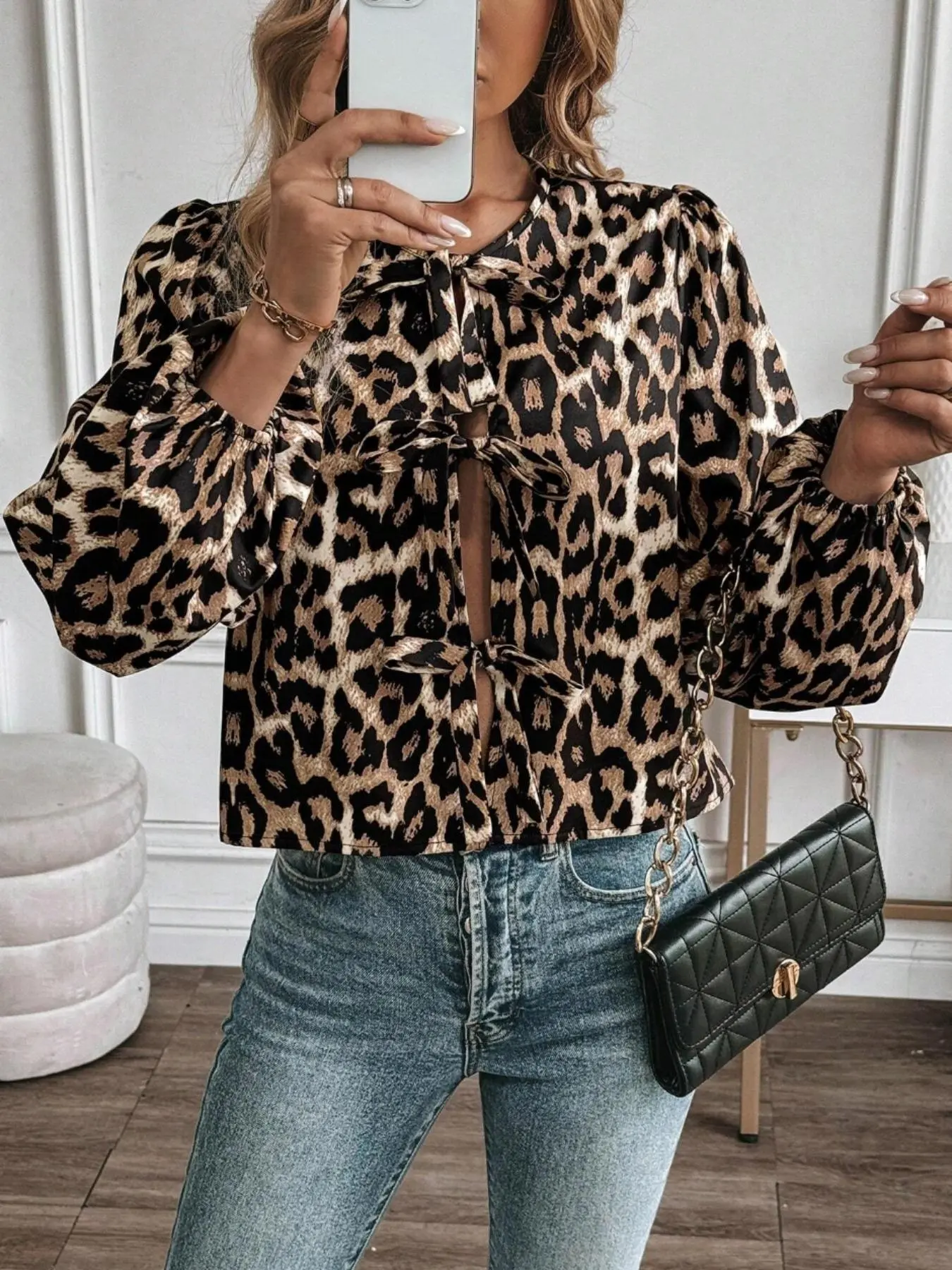 Women's Leopard Print Tie Front Bishop Sleeve Blouse, Elegant Long Sleeve Round Neck Top for Spring & Fall, Women's Clothes for Daily Wear