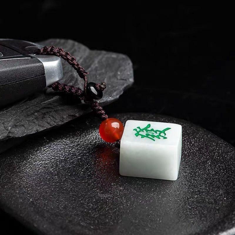 Product Introduction of Jade Mahjong Pendant Natural Jade Fortune Phone Chain Wealth Red Mahjong Jade Keychain 7