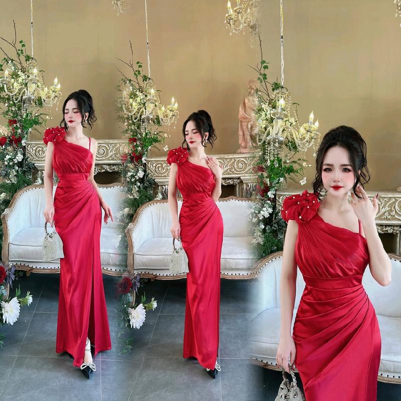 NGA PHẠM 'DRESS - Đầm Dạ Hội Lụa 1 Vai Hoa Kế Cưm Phối Tơ Organza Dáng Dài Xẻ Chân 7 Màu Nữ Đỏ Dự Tiệc Sang Trọng