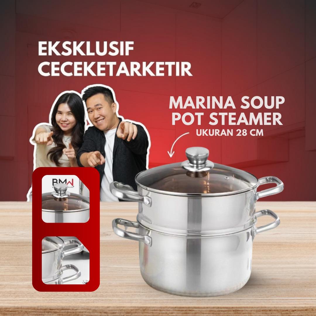 Eksklusif Ceceketarketir - 28 CM Panci Kukus Marina Premium Quality Tebal Panci Sup Stainless Tutup Kaca Tebal Panci Rebus Mie