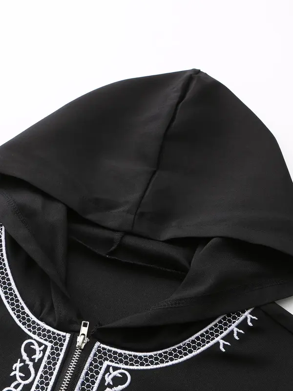 Men's Ethnic Pattern Embroidery Zipper Hooded Robe, Traditional Long Sleeve Pocket Jubba Thobe for Daily Wear, Men's Islamic Clothing for All Seasons 3