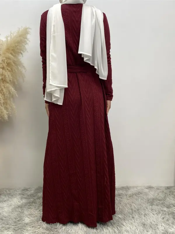 Women's Solid Long Sleeve Belted Abaya Without Hijab, Elegant Pocket Long Sleeve Open Front Outerwear, Fashion Muslim Clothing For Fall & Winter, Abaya Coat 6