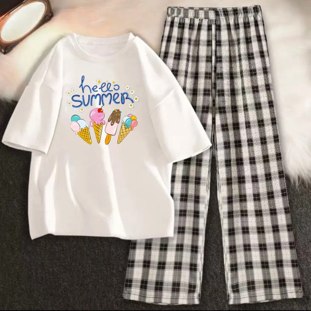 Sét  bộ Áo phông HEllo Summer + quần kẻ ca rô, chất đẹp mặc không xù, thiết kế cá tính.