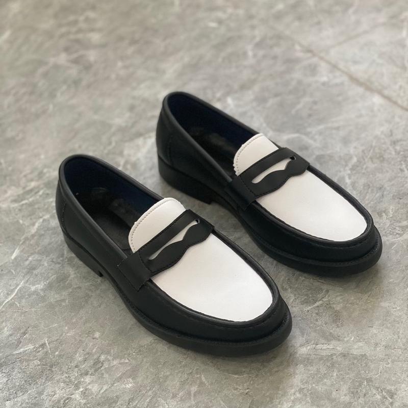 Giày da nam Penny Loafer phối màu trắng đen đế 2.8cm - 3.5cm, chất da bóng nhẹ, đế cao su khâu chắc chắn, thiết kế thời trang trẻ trung Mũi tròn