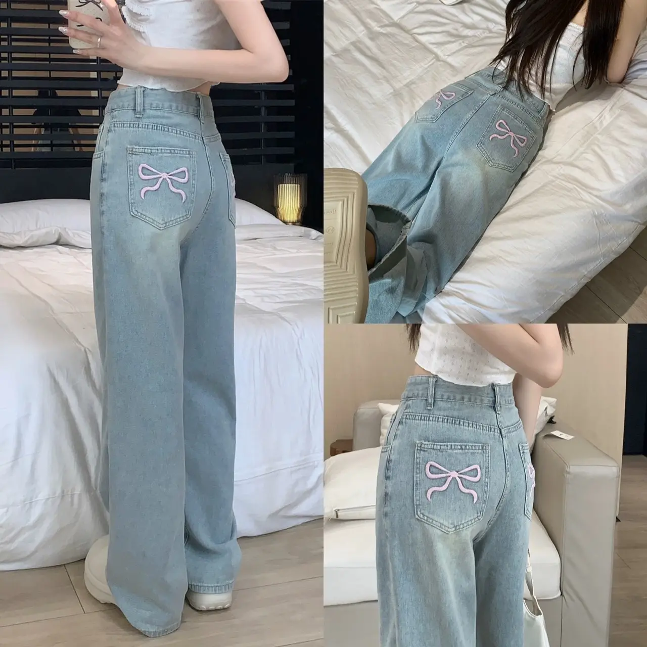 [BẢN NẤM + THƯỜNG] QUẦN JEANS NỮ ỐNG RỘNG THÊU NƠ HỒNG CẠP CAO HACK DÁNG HOTTREND 2025