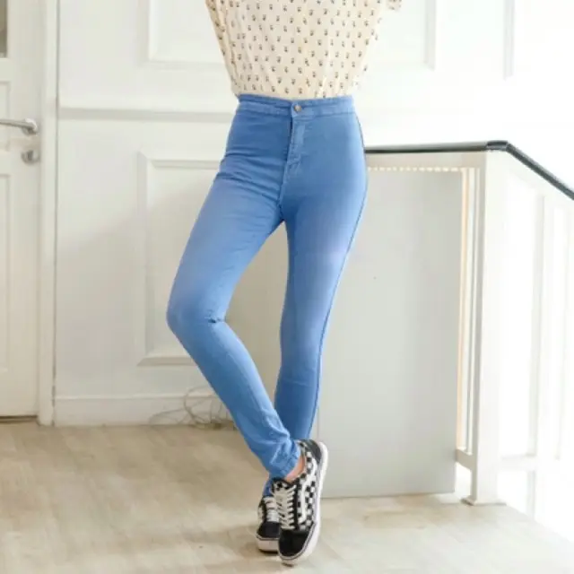 Celana Jeans Wanita Highwaist celana jeans skinny plain soft/polos premium ukuran 27-34 kancing bootcut Korean Blue 3