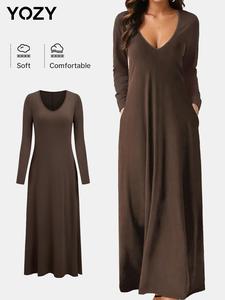 YOZY Women's Plain Pocket V Neck Dress, Casual Long Sleeve Dress for Daily Wear, Ladies Clothes for All Seasons