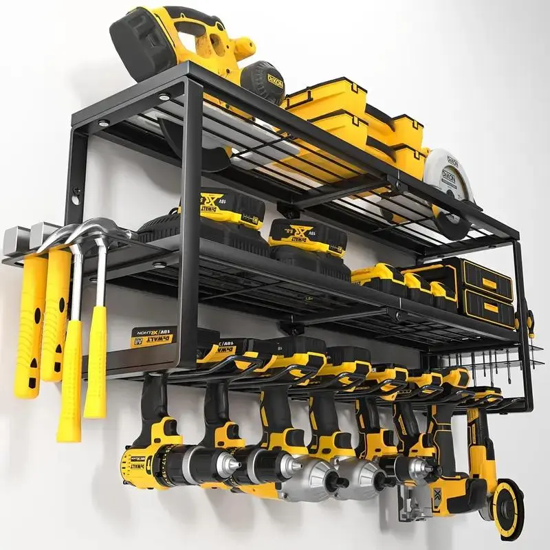 Multi-tiered Iron Power Tools Organizer Rack, Wall Mounted Utility Storage Shelves with Screwdriver and Hammer Holder, Ideal Father's Day Gift for Garage