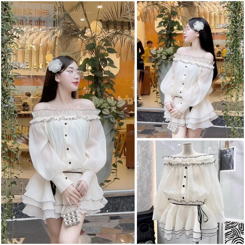Sét Bộ Váy Tơ Trễ Vai Ống Tay Dài Bo Chun Eo Phối Viền Bèo Mix Cúc Kèm quần bảo hộ xinh xắn Áo Kem Voi Polo