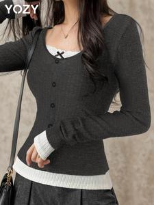 YOZY Women's Colorblock Bow Decor Button Ribbed Tee, Casual Long Sleeve Contrast Lace T-shirt for Daily Wear, Ladies Clothes for Fall & Winter