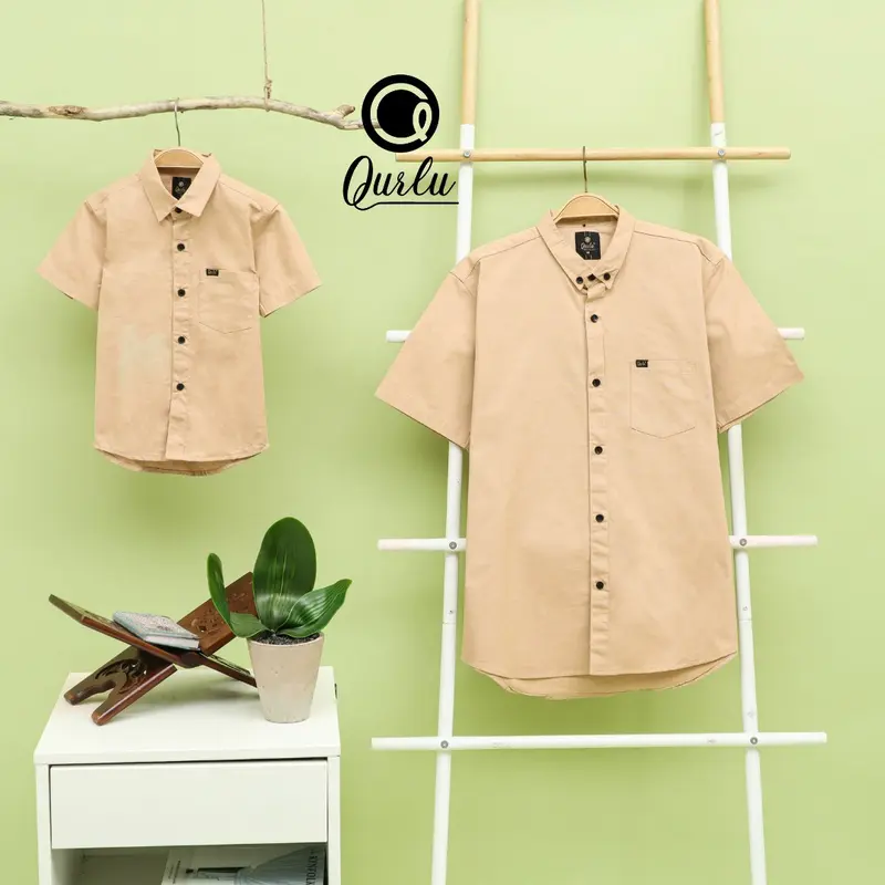 Qurlu - Kemeja KERAH FORMAL dewasa/anak warna COKLAT MUDA/CREAM (bisa couple ayah dan anak) 0