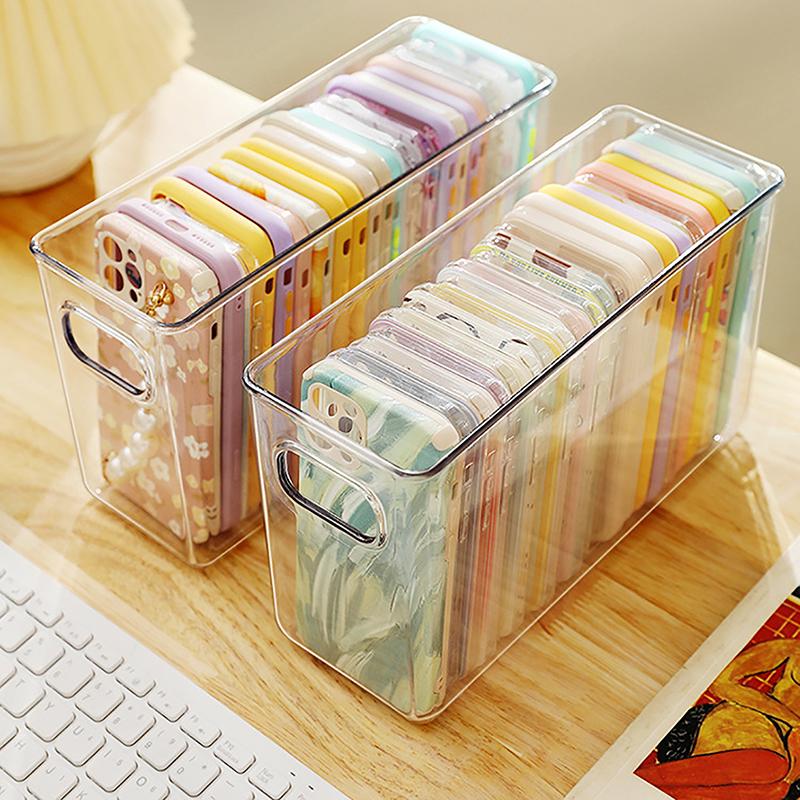 Product Introduction of Ins Transparent Phone Case Organizer Storage Box Desktop Acrylic Sundries Storage Basket Cosmetics Small Rack Light Plastic 22