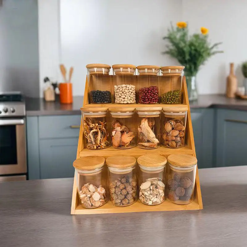 Condiments Organizer 3-Tier Bamboo Spice Storage Rack with Glass Jars ...