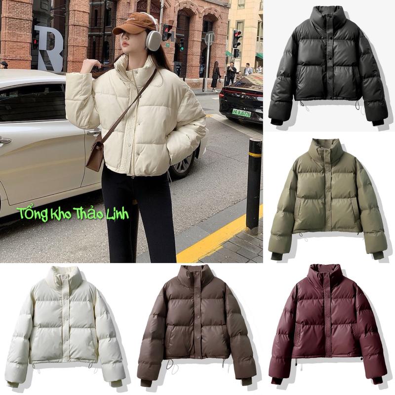 Áo Khoác Phao Da Nữ Dáng Ngắn Croptop Phong Cách Hàn Quốc Basic Xịn Xò TOP Hàng QCCC L1 Hottrend Cực Xinh Tết Xmas Jacket Đen Women khoác khoác áo khoác Xanh Rêu Kem