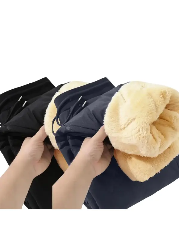 Men's Regular Fit Plain Drawstring Waist Thermal Lined Jogger Pants, Casual Warm Waterproof Zipper Pocket Trousers for Daily Wear, Men's Bottoms for Winter, Work Trousers 7