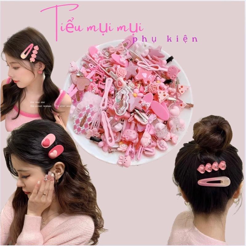 Sét 50 kẹp tóc mái màu hồng mix nhiều mẫu đa dạng
