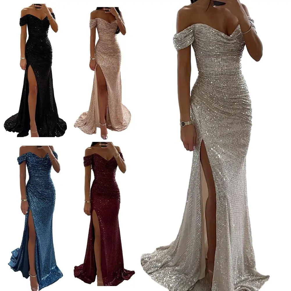 Women Sequined V Neck Off Shoulder Split Long Dress Evening Party Maxi Dress