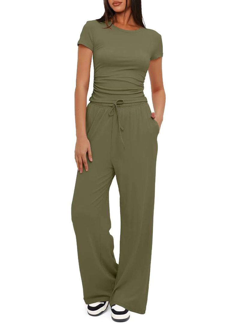 Product Introduction of Women's Solid Round Neck Tee & Pants Loungewear Two/Six Piece Set, Casual Comfy Pyjama Set for Women, Comfy Loungewear Set for Daily Home Wear Pajamas Nightwear Womenswear Pjs Homewear Comfort Hip Basic Black Minimalist women's  tracksuits 1