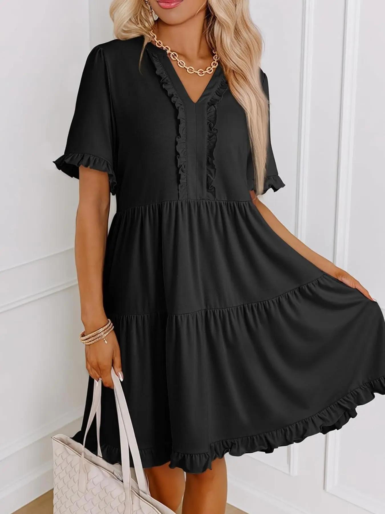 Women's Plain Ruffle Trim Dress, Casual Short Sleeve V Neck Dress for Summer, Ladies Clothes for Daily Wear