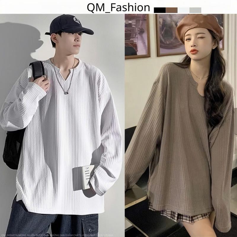 Áo thun dài tay nam nữ cổ V chất thun mịn hàng đẹp vải chính phẩm QMT, lỗi 1 đổi 1, áo thun mềm mại co giãn đa chiều phong cách Hàn Quốc form suông Unisex 0013