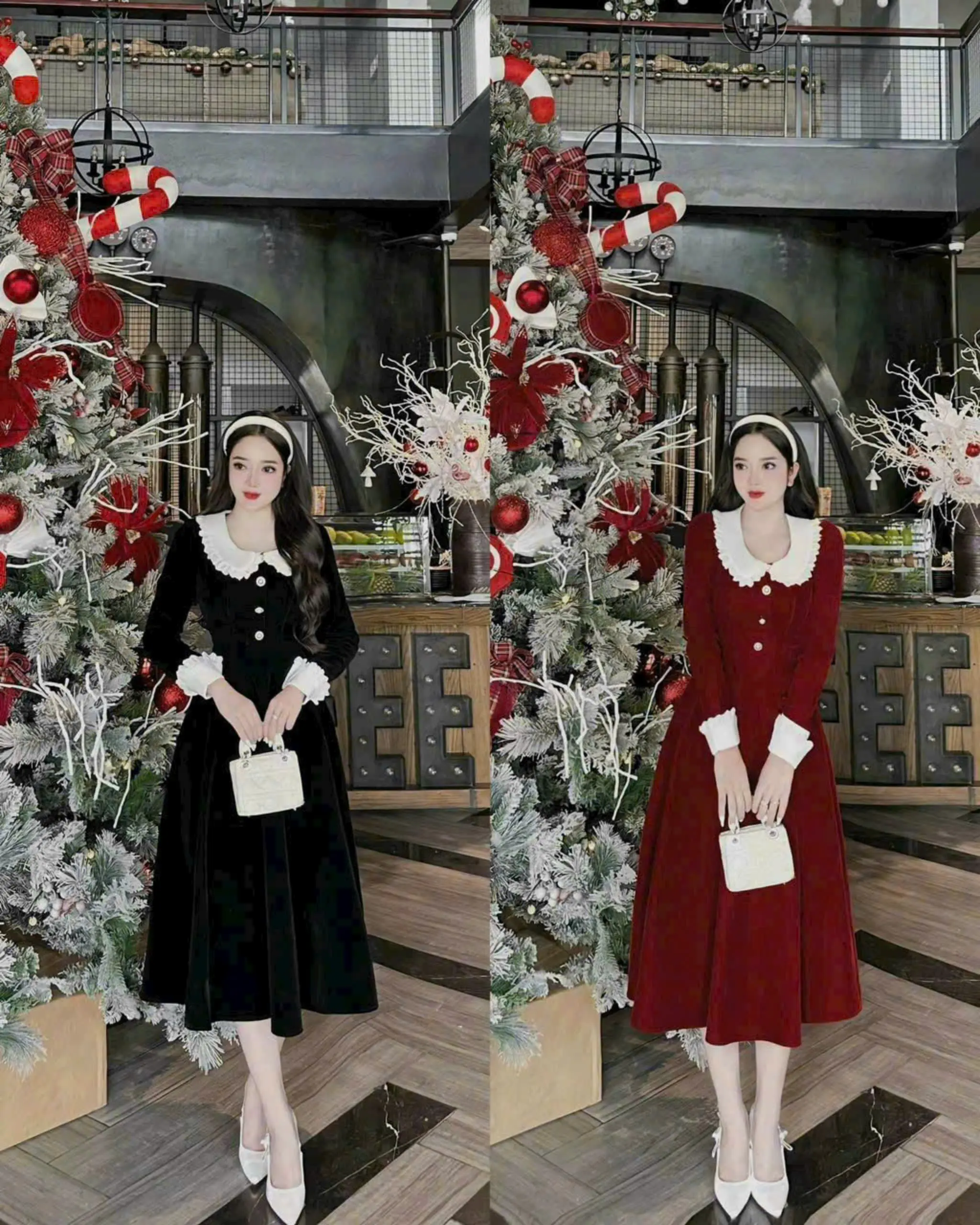 ĐẦM NHUNG TAY DÀI VIỀN TRẮNG SIÊU DỂ THƯƠNG DÀNH CHO CÁC NÀNG ĐI CHƠI ĐI TIỆC ĐI DU LỊCH Nữ Women  Kem