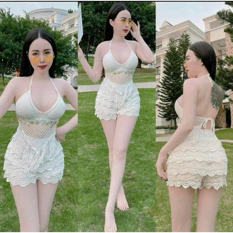 72-Set bikini đi biển len móc 2 món gồm áo bra tam giác tua rua trang trí-quần sóc tầng giả váy hàng QC