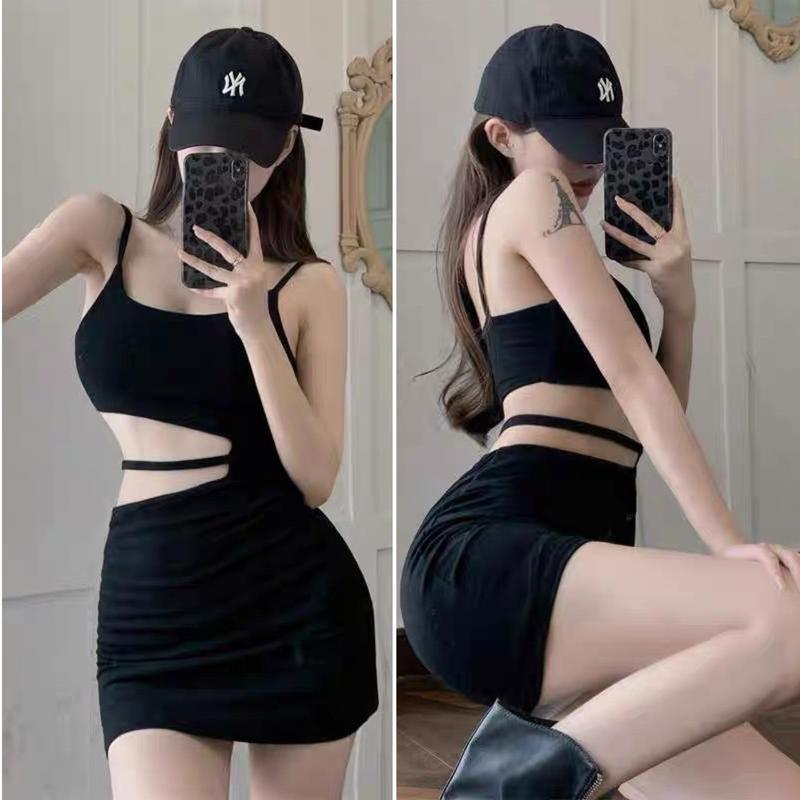 Đầm body 2 dây dáng ngắn V19 có thiết kế khoét eo độc đáo phối dây mảnh vắt ngang 2 màu đen xám Nhung Voi Nữ Dress