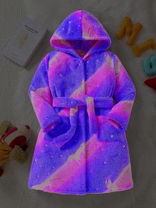 Girl's Star & Cartoon Unicorn Print Hooded Loungewear Robe, Glowing Pajamas, Homewear PJ Robe, Long Sleeve Belted Pocket Loungewear Robe for Fall & Winter, Kids Clothing, Cold Weather Gear