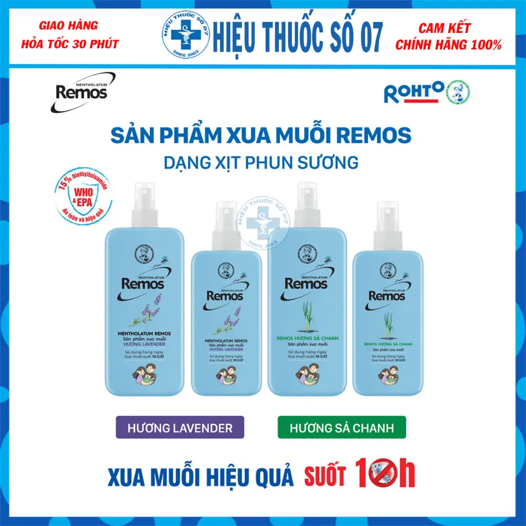 Xịt chống muỗi Remos Mentholatum chai 60ml - 150ml hương lavender - sả chanh