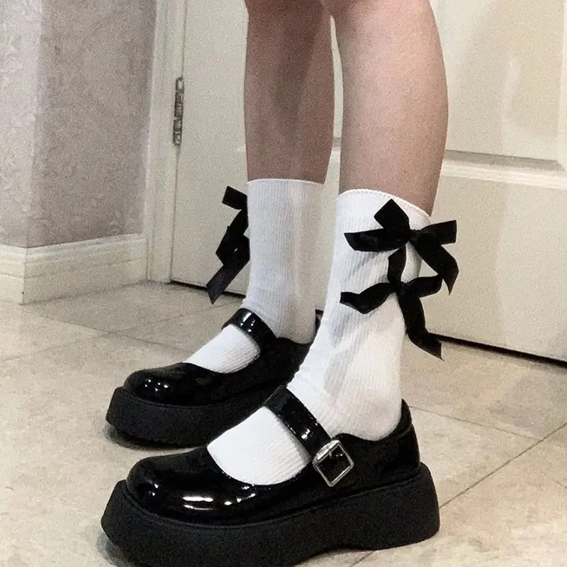 Tất Kawaii, Phong Cách Y2K, Thiết Kế Thắt Nơ Ngọt Ngào Thích Hợp Cho Mùa Xuân Và Mùa Hè, Harajuku JK Lolita, Tất Trắng Dễ Thương, Phong Cách Nhật Bản, Dành Cho Phụ Nữ Và Trẻ Em Gái, Tất Ống Giữa 2