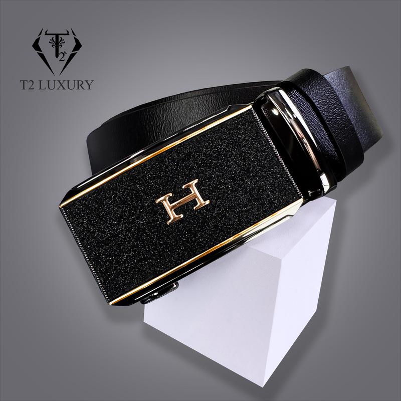 Thắt Lưng Nam Đen bóng Da Bò Mặt khảm đá kim lấp lánh chữ H Khóa gài tự động Kim Tuyến Da thật