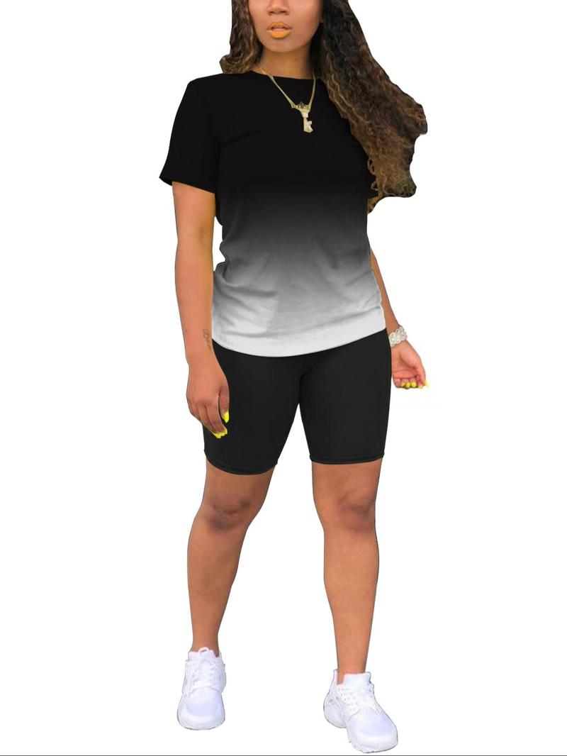 Product Introduction of Women's Ombre Print Tee & Shorts Two-piece Set, Casual Round Neck Short Sleeve T-shirt & Skinny Shorts for Daily Wear, Ladies Summer Clothes 2