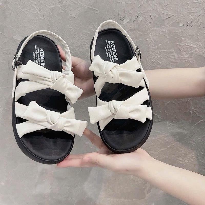 Sandal Nữ quai nơ cột đế cao 5cm da mềm êm nhẹ chân mũi tròn màu nâu/kem/đen 8