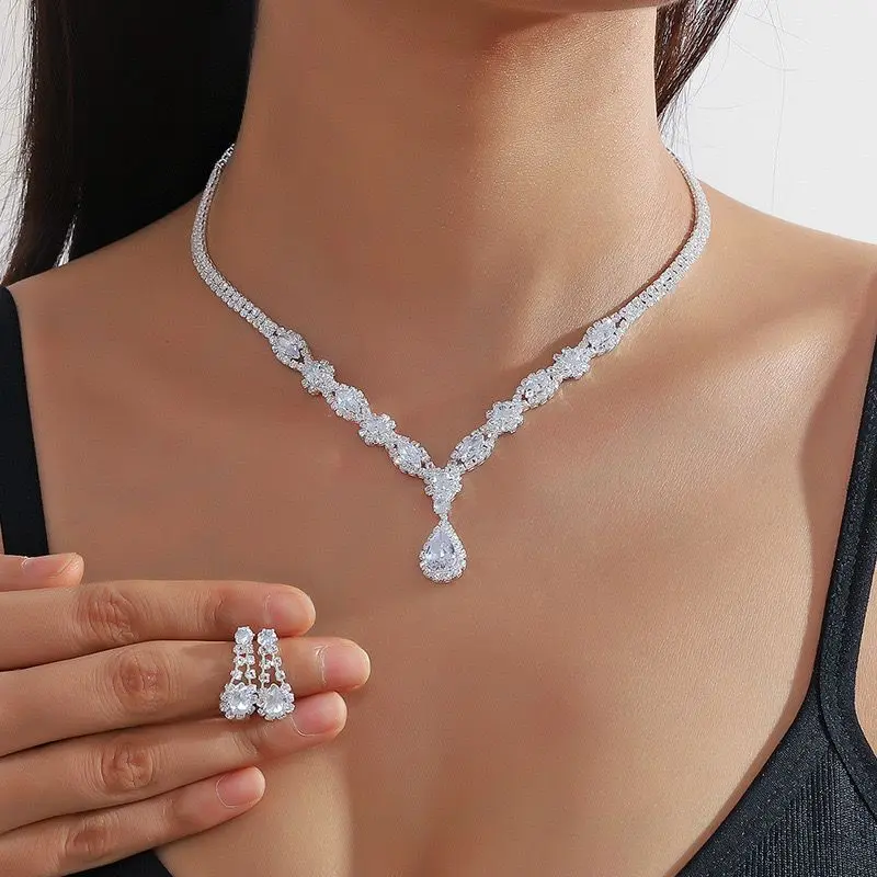 Set anting kalung batu permata zircon model flower berkilau