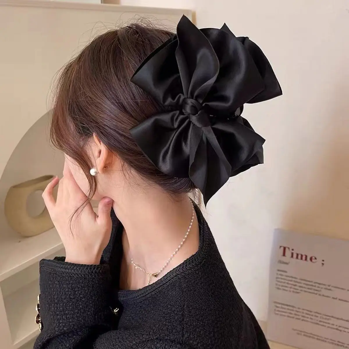 Thiết Kế Nơ Đen, Cỡ Lớn, Thời Trang Mới, Kẹp Cá Mập Sau Đầu Cho Nữ, Phong Cách Cổ Tích Và Thanh Lịch, Phụ Kiện Tóc nơ  đen Cài Tóc Women，Hoa