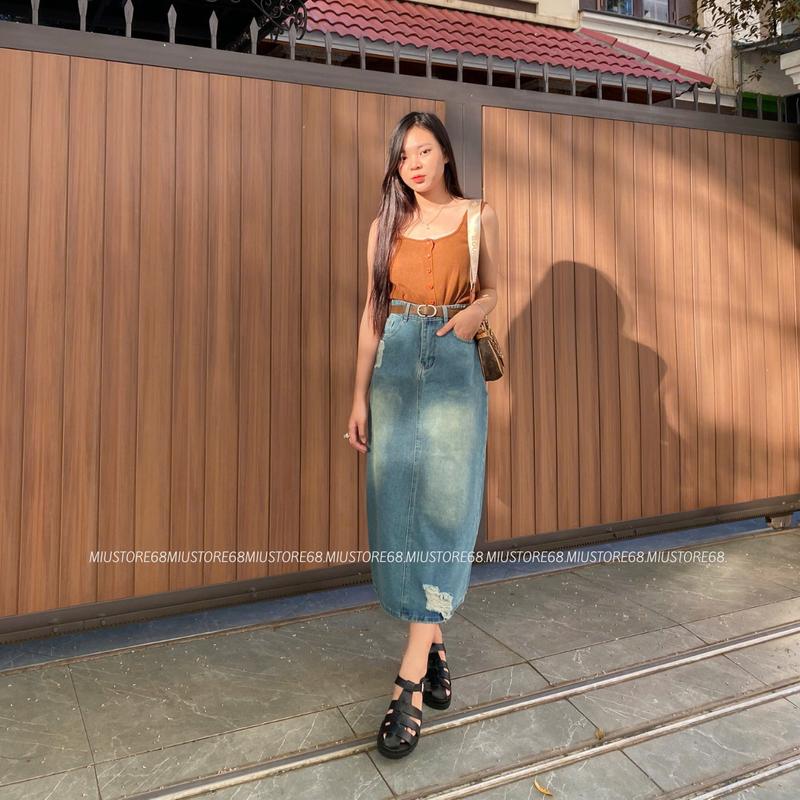 Chân Váy Jean Chữ A Dài Dáng Xẻ Tà Sau,Chân Váy Bò Dài Cạp Cao Siêu Tôn Dáng Che khuyết Điểm M011 Women
