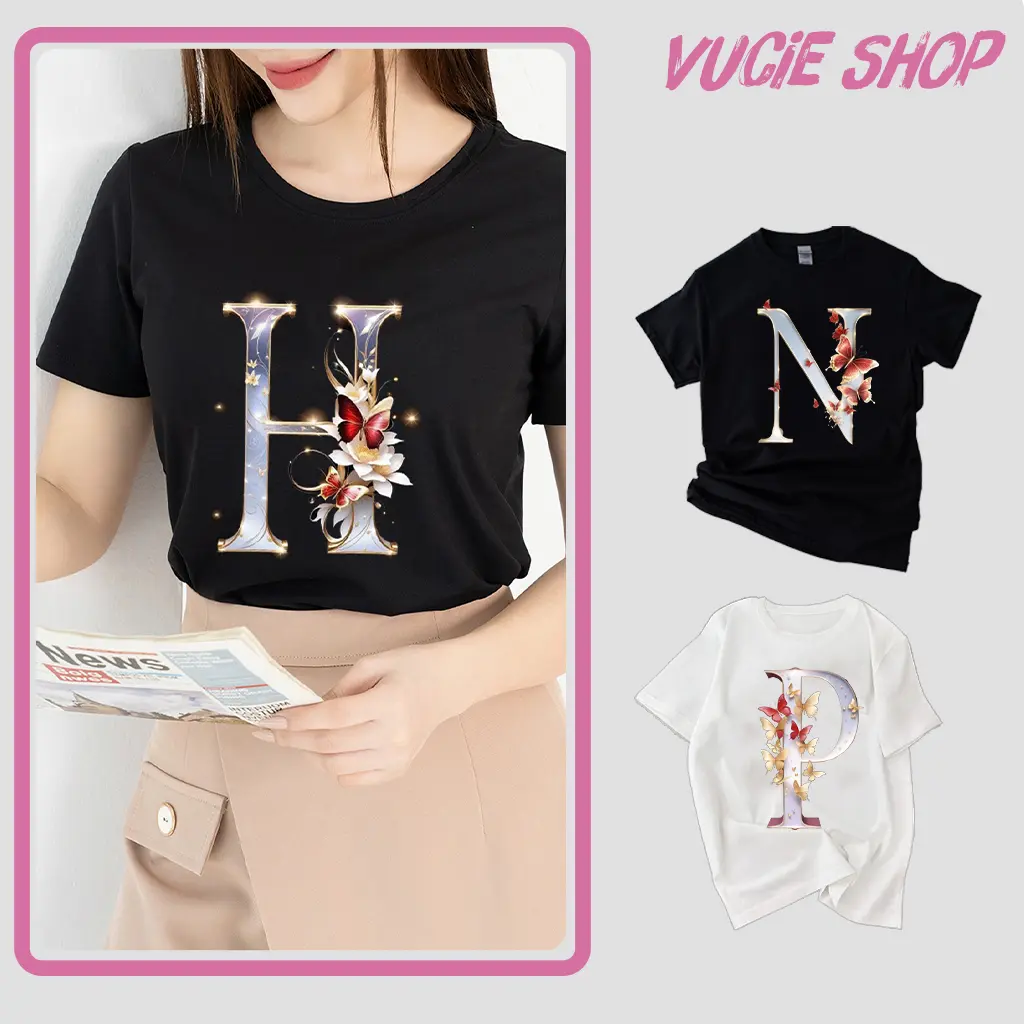 Áo phông nữ tay ngắn cổ tròn in chữ cái & hoa chất cotton cao cấp mát thấm hút Top Women Thun Voi Jean Voan
