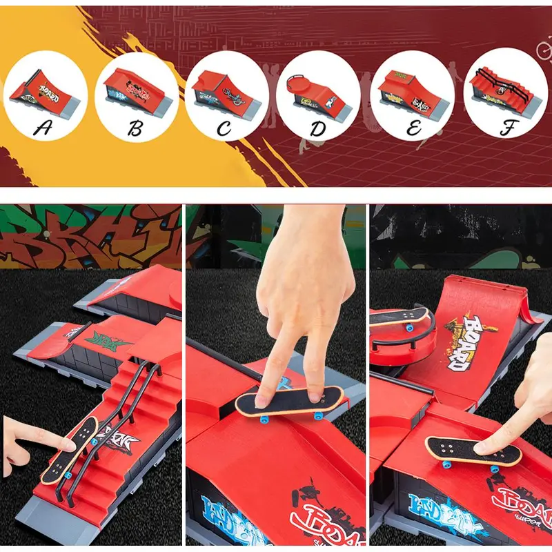 Finger Skateboard Set, Including 6 Counts Skateboard Tables, 6 Counts Random Colored Finger Skates, 1 Count Display Stand, 1 Count Pants, 1 Count Clothing & Random Color Accessory Bag, DIY Skate Park Ramp Parts, Interactive Finger Skateboards Track Kit 8