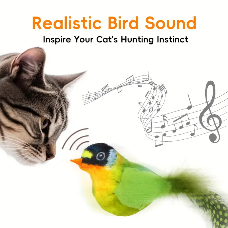 Interactive Simulation Sound Plush Bird Cat Toy, with Realistic Chirping, with Artificial Feather Synthetic Fiber Material and No Battery Required Cartoon Design Toy, Suitable for Indoor Cat Sports Interactive Bird Toy 4
