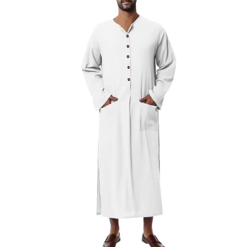 Product Introduction of Muslim Robe New Men's Loose Stand Collar Door Tube Long Sleeve Robe Ethnic Style Robe 4