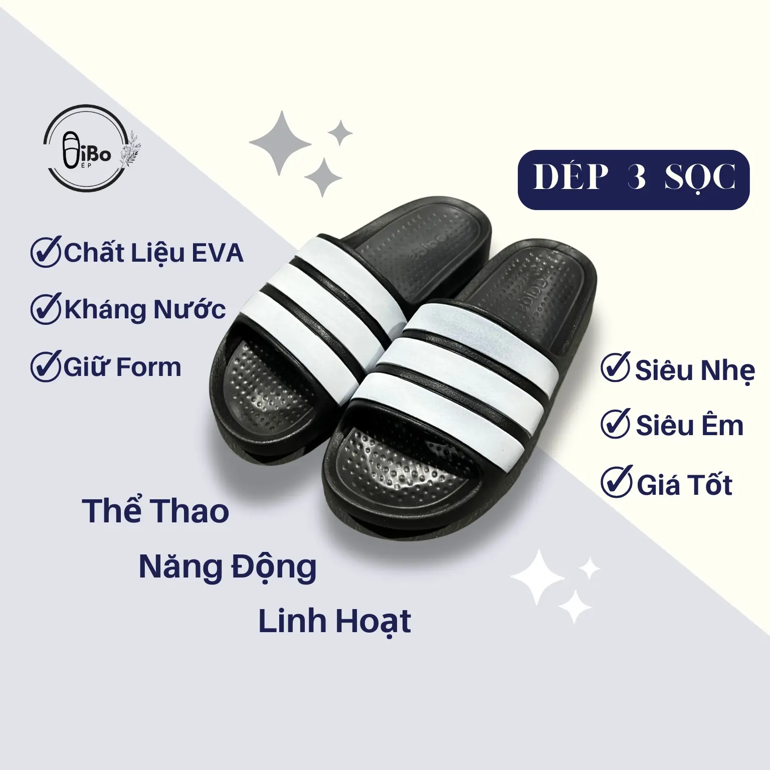 Dép 3 Sọc Chất Liệu EVA Cao Cấp Siêu Nhẹ Siêu Êm Kiểu Dáng Thể Thao Năng Động