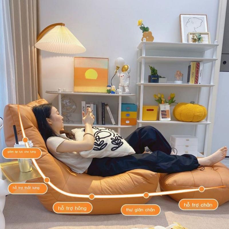Ghế lười hạt xốp vải da hình L có đôn mềm mại tốt cho sức khỏe, hạt xốp Thái,  độ đàn hồi cao 1