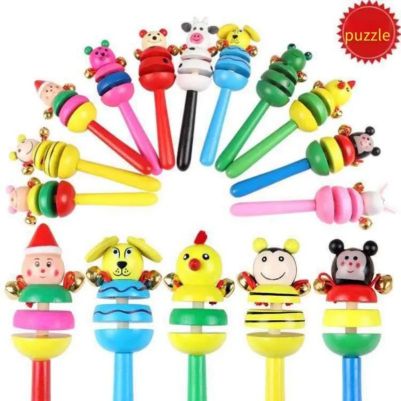 Wooden cartoon animal rattle hand bell string bell baby bell rattle 0-1 year old baby children toys