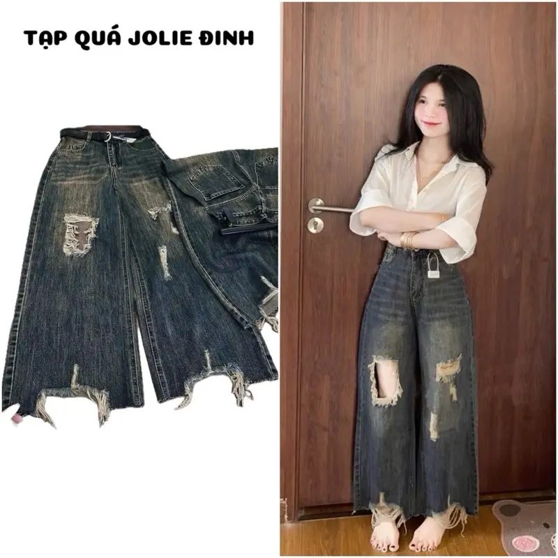 QUẦN JEAN SUÔNG NẤM 97CM RÁCH Ô VUÔNG Ở GỐI VÀ LAI QUẦN - TAP QUA JOLIE DINH