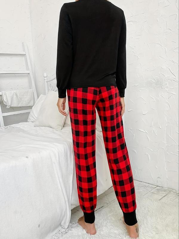 Two-Piece Set Women's Long Sleeve Tee & Plaid Print Pants Pyjama Loungewear Set, Lady Comfy Crew Neck T-shirt & Trousers Pj Set, Womenswear Pajama Set, for Spring & Fall 1