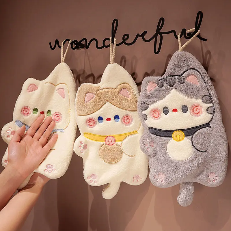 Cartoon cat hand to hanging kitchen bathroom absorbent thickening cute quick drying terry cloth children's wipe handkerchief Towel Hangable