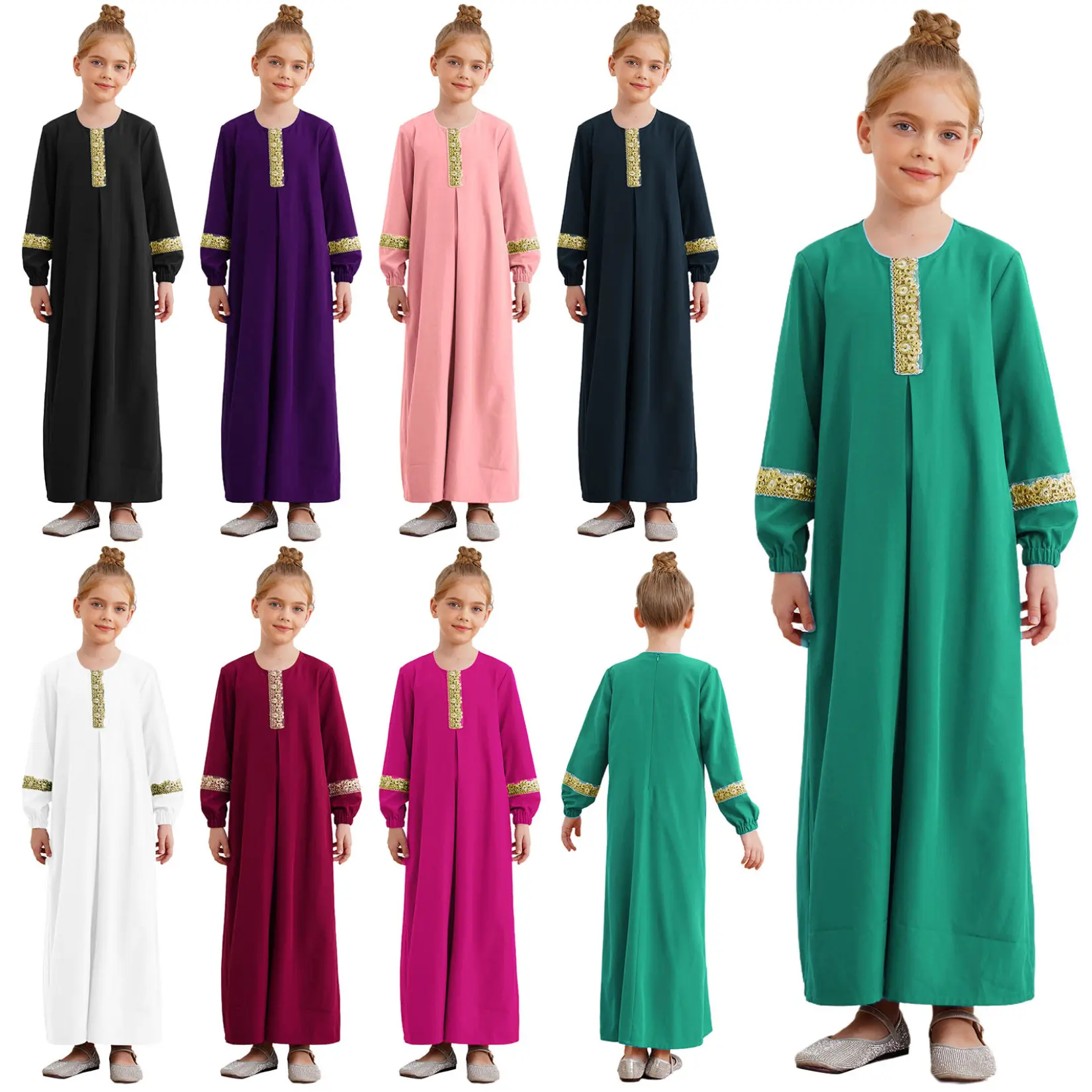 Lejafay  Kids Girls Muslim Dresses Abaya Round Neck Long Sleeve Maxi Dress for Ramadan Theme Party Masquerade
