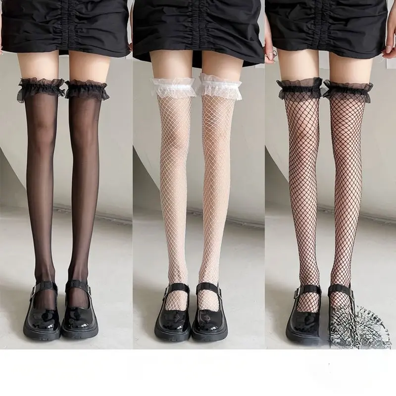 Tất Lưới, Tất khoét Ren Màu Đen, Dành Cho Nữ, Mỏng, Phong Cách Lolita, Tất lưới, Màu Đen Và Trắng, Tất Đến Đầu Gối, Có Ren