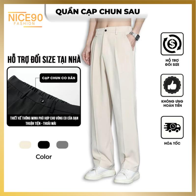 Nice90 Fashion Quần âu nam nữ nửa cạp chun sau Hàn Quốc dáng baggy ống suông vải dày thoáng màu đen chống nước sang trọng Big size hỗ trợ đổi size tại nhà