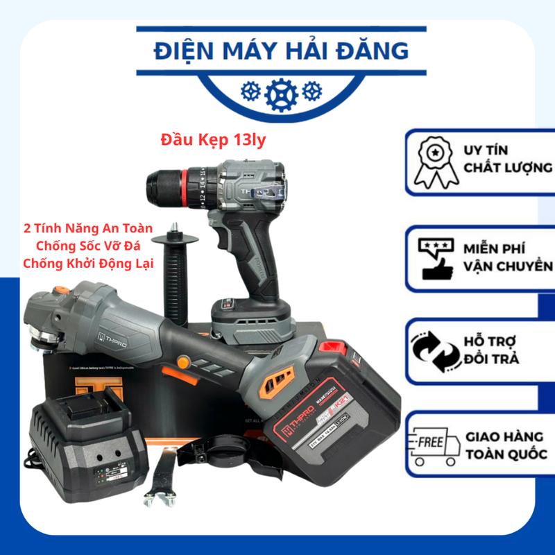 Combo THPRO Máy Mài F1, Máy Khoan TH7713AK Đầu 13ly Kèm Pin 20Cell Sạc - Động Cơ Không Chổi Than, Chân Pin Phổ Thông